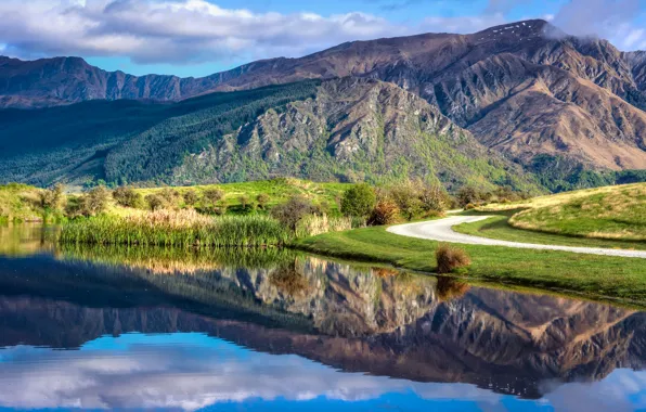 Road, the sky, clouds, mountains, lake
