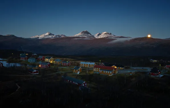 The sky, mountains, night, lights, blue, the moon, the slopes, tops