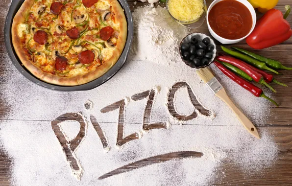 Cheese, pepper, pizza, sauce, pizza, olives, flour