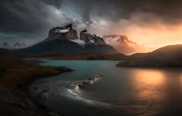 Landscape, mountains, nature, rendering, art, pond, Andes, digital painting