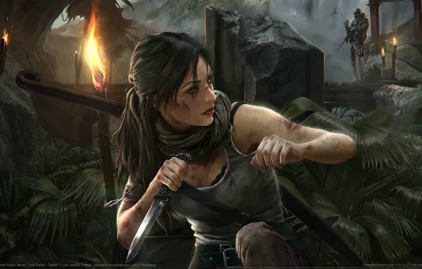 Bridge, weapons, jungle, knife, Tomb Raider, Lara Croft, torches, Stealth