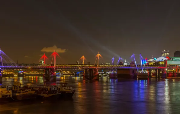 Picture night, bridge, lights, river, London, boat, UK, Golden Jubilee Bridge