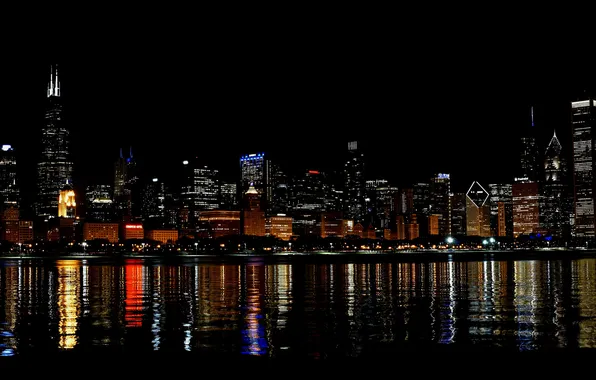 Night, the city, lights, river, skyscrapers, Chicago, USA, megapolis