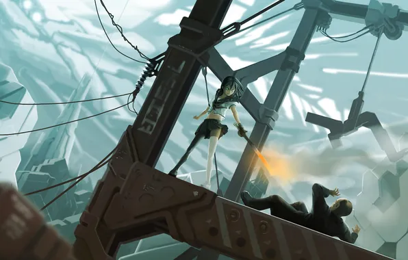 Girl, squirt, wire, construction, sword, molten metal