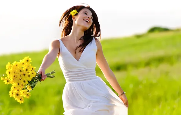 Picture girl, laughter, bouquet, dress, meadow