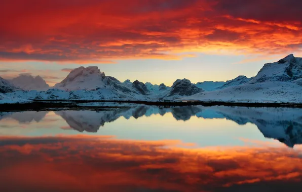 Picture the sky, clouds, snow, sunset, mountains, red, lake, Norway