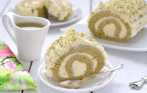 Tea, cream, dessert, biscuit, roll