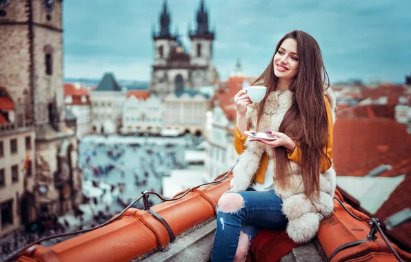 Roof, girl, the city, smile, mood, height, home, makeup