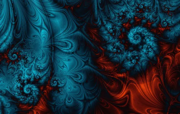 Orange, blue, abstraction, pattern, dark, spiral, fractal, ornament