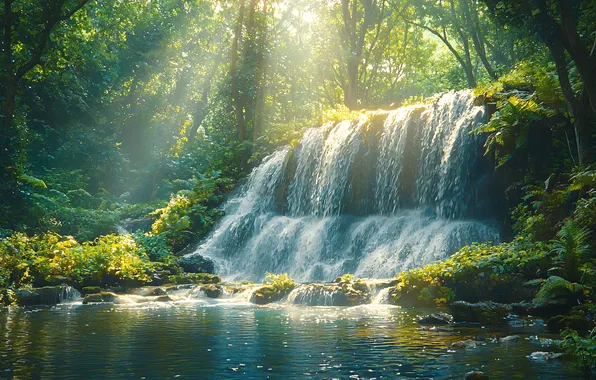 Greens, forest, the sun, rays, light, landscape, nature, stones