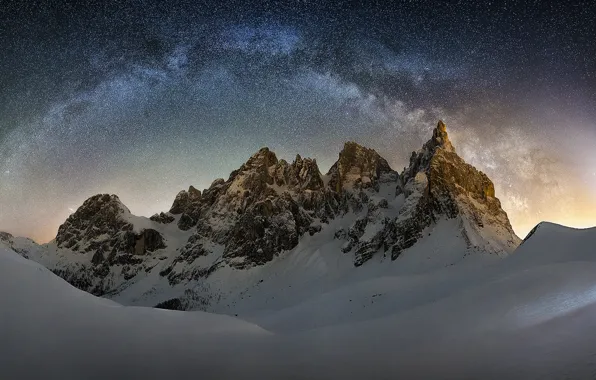 Winter, stars, light, snow, mountains, night, people, The milky way