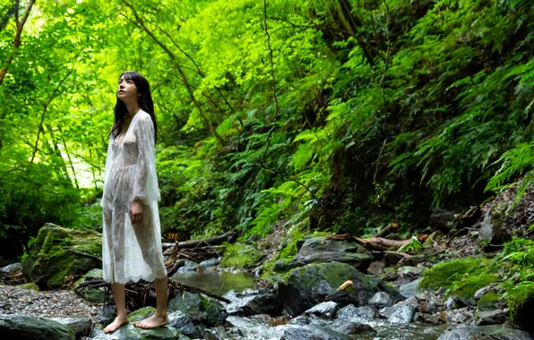 Rock, Model, Water, Woman, Forest, Pretty, Japanese, Karen Kaede