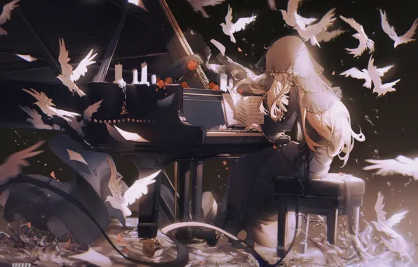 Wave, girl, notes, roses, candles, pigeons, piano, Raven