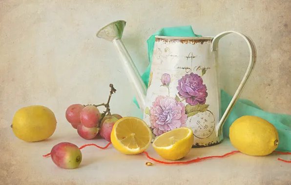 Table, grapes, lake, still life, citrus, bone, lemons, red ribbon