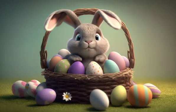 Picture eggs, rabbit, Easter, basket, colorful, eggs, neural network