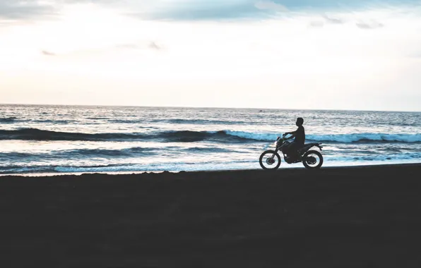 Sea, beach, the sky, motorcyclist, motorcycle