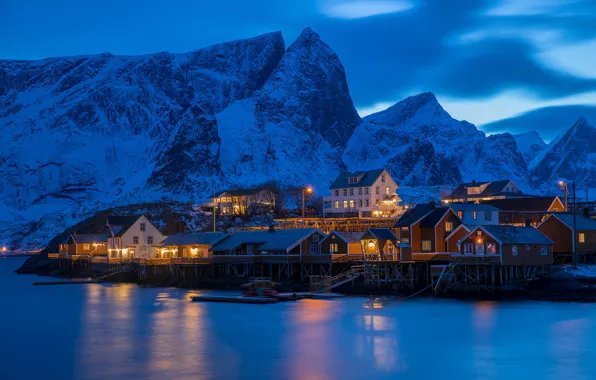 Picture mountains, village, Norway, houses, Norway, the fjord, The Lofoten Islands, Lofoten Islands
