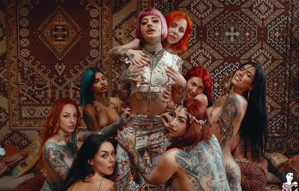 Chest, look, carpet, pillow, piercing, tattoo, pink, harem