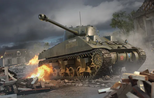 Fire, Tank, Medium Tank, Armor, Sherman Firefly, The ruins of the house, Sherman Firefly Vc