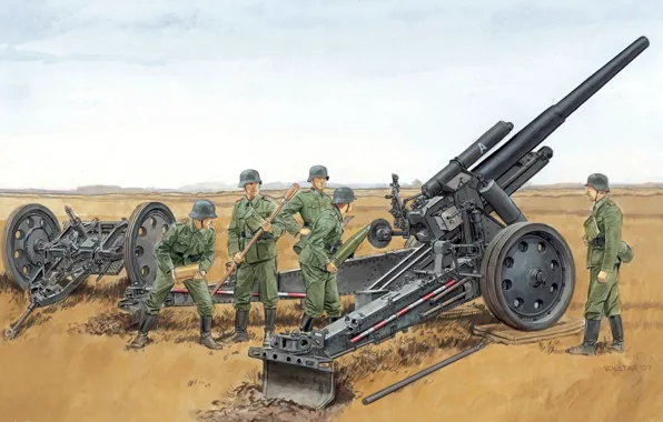 Picture war, figure, art, position, equipment, WW2, howitzer, German