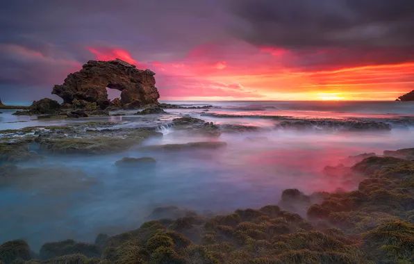 Sea, the sky, clouds, rocks, glow, arch
