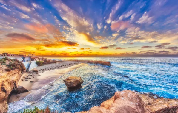 Beach, sunset, the ocean, rocks, coast, CA, Pacific Ocean, California