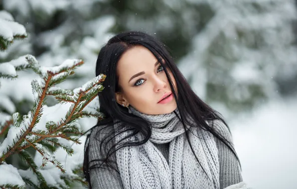 Picture winter, look, snow, trees, snowflakes, branches, model, portrait