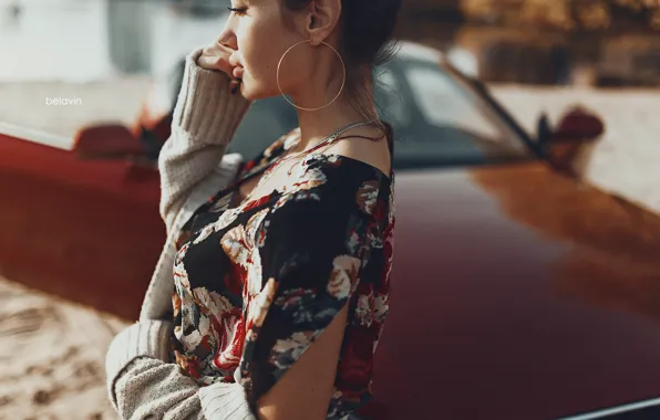 Download wallpaper machine, autumn, water, Girl, earrings, dress