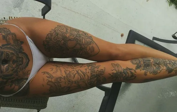Girl, table, tattoo, white panties, slender legs, tattoos on the legs