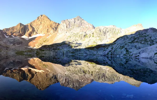 Water, mountains, lake, reflection, widescreen, panorama, dual-monitor, multi-monitors