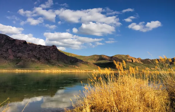 The sky, clouds, light, mountains, lake, reflection, blue, hills