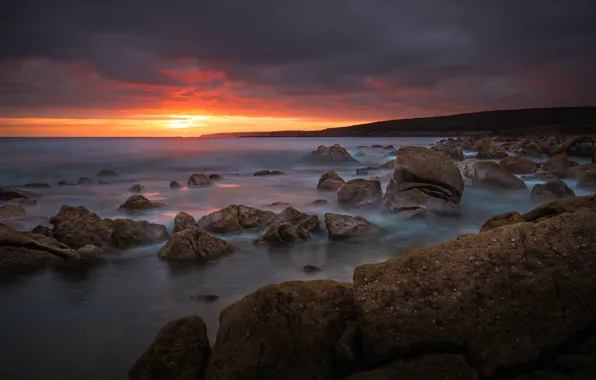 Sea, the sun, sunset, clouds, stones, shore, coast, France