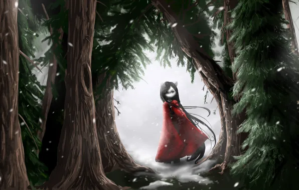 Picture cold, forest, snow, loneliness, fear, baby, dark, red coat