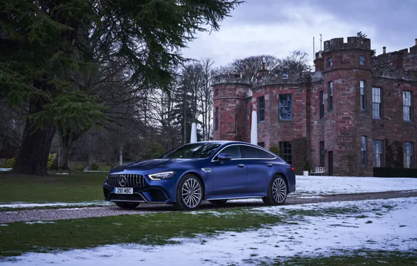 Snow, blue, castle, Mercedes-Benz, AMG, V8 Biturbo