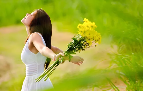 Greens, field, grass, girl, joy, flowers, freshness, nature