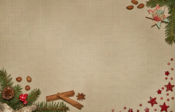 Balls, branches, toys, star, texture, Christmas, New year, fabric