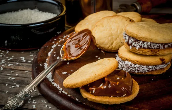 Picture cookies, spoon, cakes, condensed milk, coconut