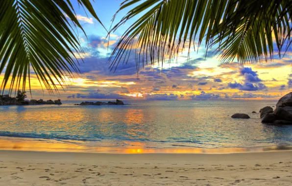 Picture sand, sea, beach, the sky, clouds, sunset, traces, stones