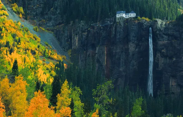 Autumn, forest, mountains, nature, house, rocks, waterfall, October