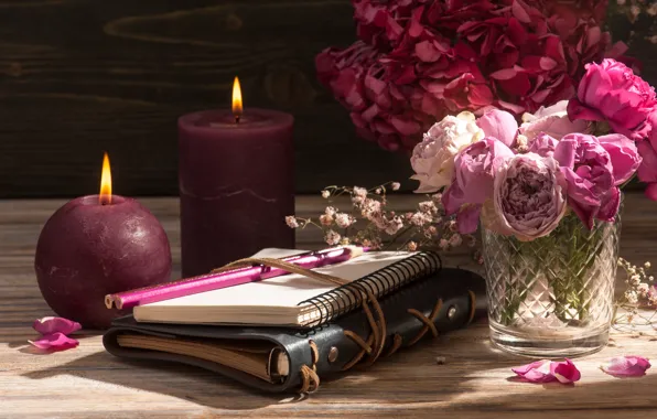 Flowers, style, candles, Notepad, hydrangeas, THE OFF