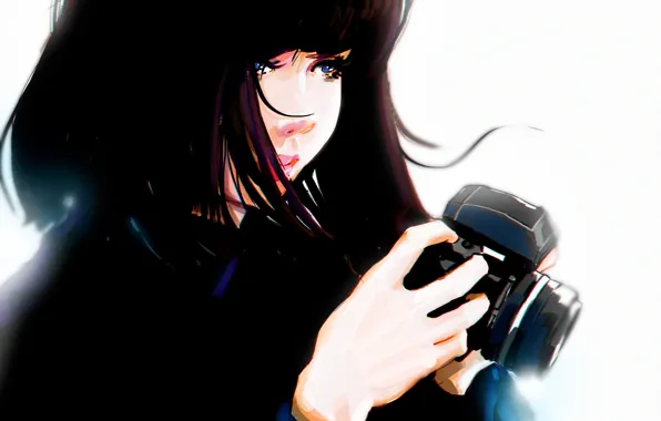 Hands, the camera, blue eyes, black hair, art, portrait of a girl, Punksy
