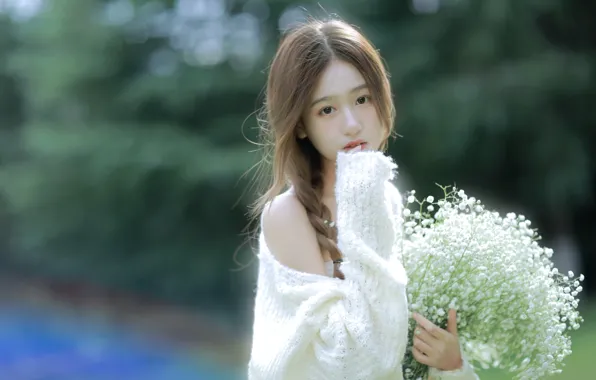 Asian, Model, Flowers, pretty, Woman, Bouquet, Outdoor, Sweater