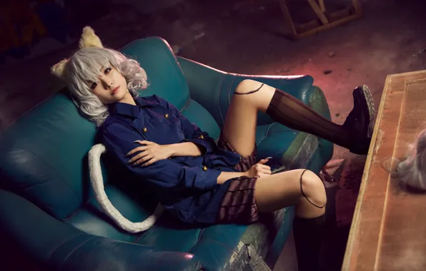 Cat, look, girl, pose, style, table, sofa, feet