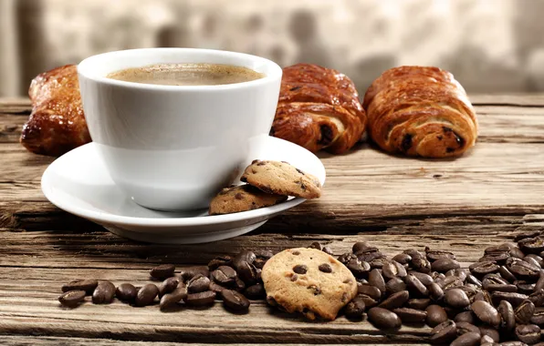 Picture coffee, cookies, coffee beans, croissants