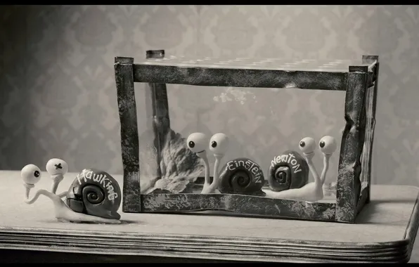 Picture cartoon, snails, plasticine, in the aquarium, Mary and max