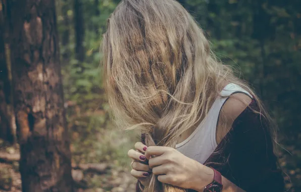 Forest, girl, hair, bokeh