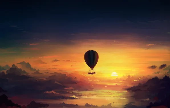 Picture the sky, clouds, sunset, art, romantically apocalyptic, alexiuss, apocalypse, Hot air balloon