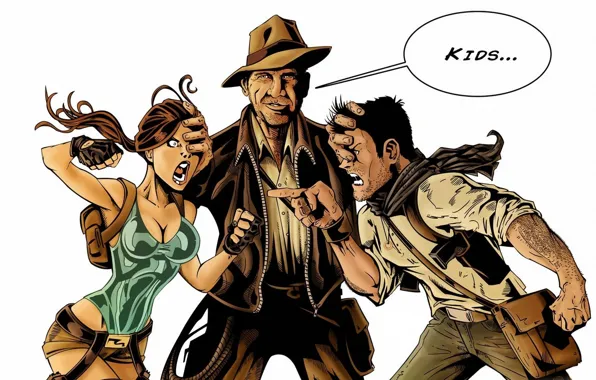 Picture humor, white background, Tomb Raider, White, Lara Croft, Nathan Drake, humor, Indiana Jones