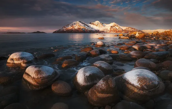 Winter, the sky, water, light, snow, clouds, lake, stones