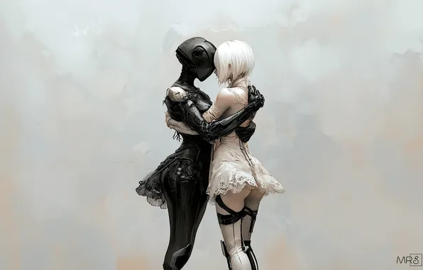 Fantasy, robot, minimalism, mood, artwork, fantasy art, white background, hugging